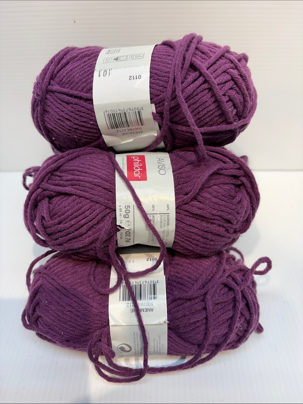Plum Purple Yarn - Cotton Acrylic Blend - 6 packs 50 g each Size 5 Needle